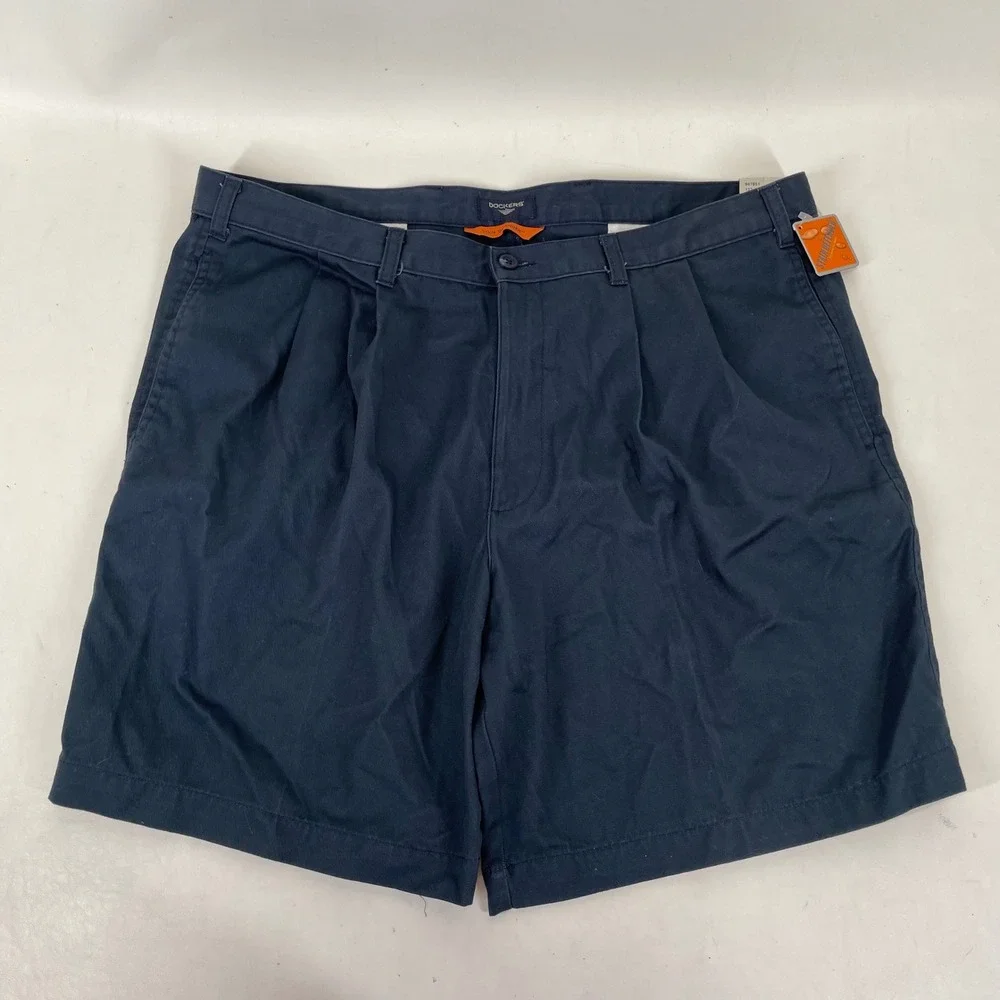 Dockers Mens Go Khaki Pleated Shorts Navy Blue Stain Defender Cotton Size 38 NWT